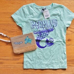 Florida Mermaid Squad T-Shirt & Turtle Straw Burlap Clutch Bundle - NWT